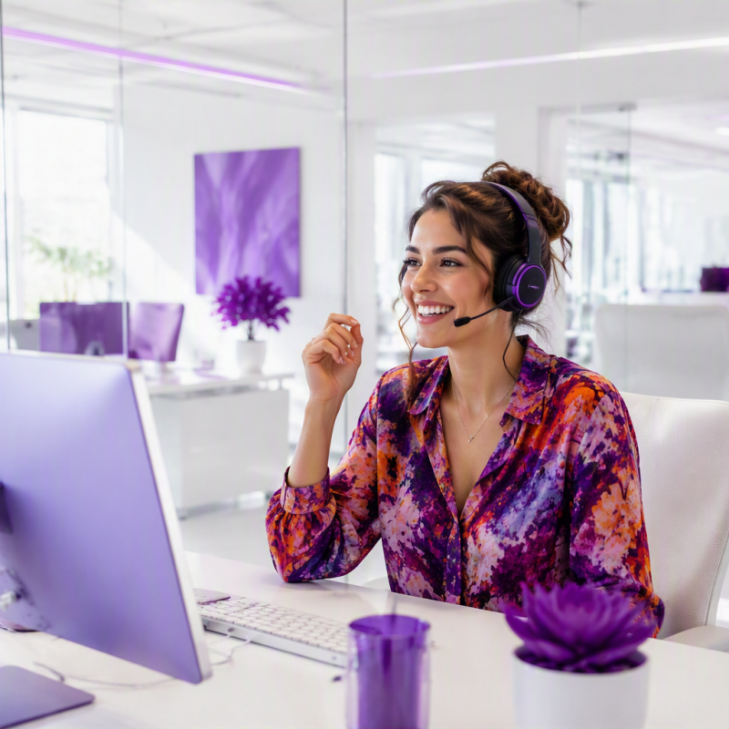 Profesional con auriculares utilizando un Agente Virtual IA en una oficina moderna blanca con detalles en color lila corporativo.alt